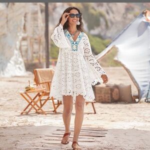 Sundance Yuki Eyelet Lace Dress White & Blue Boho Mini Size XS